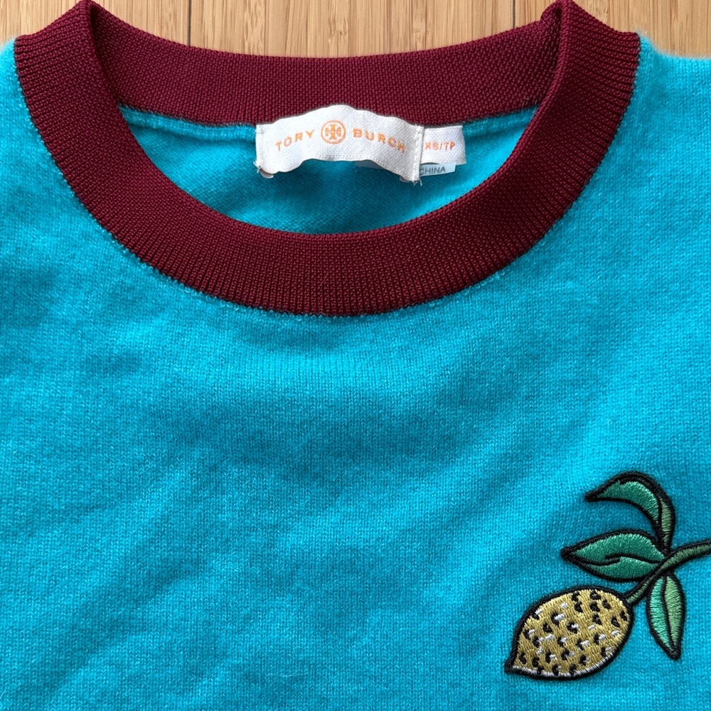 Tory Burch Teal Crewneck Sweater with Lemon Embroidery - Picture 2 of 2